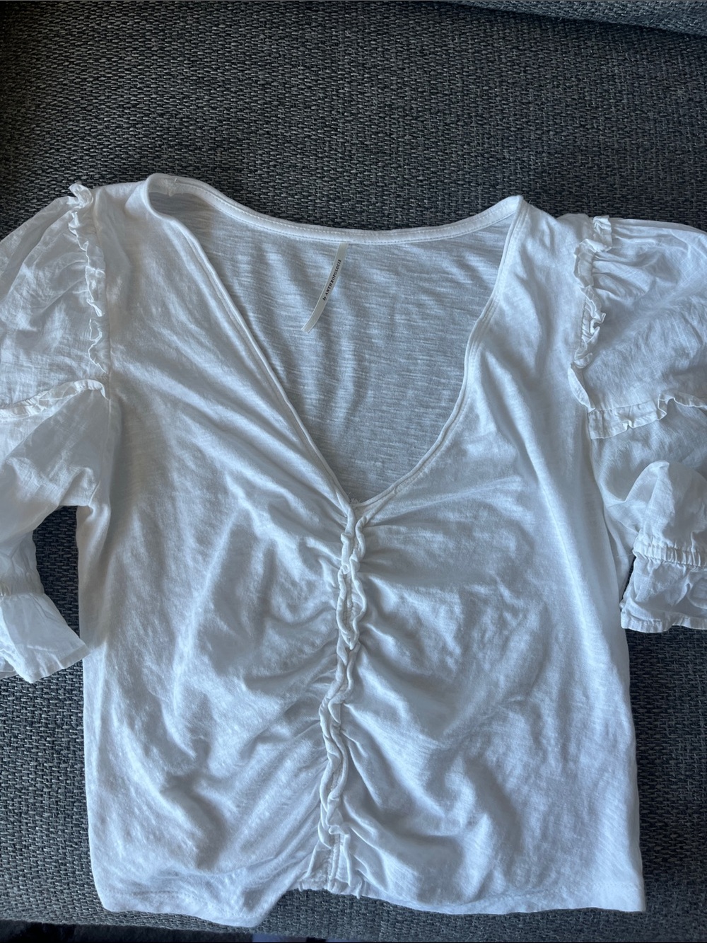 Women's White Ruched Front Puff Sleeve Top